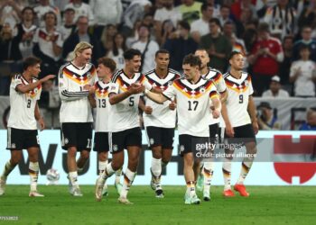 Florian Wirtz (Germany. 3vr) celebrates his goal to make it 2-0 with his teammates. Photo: Christian Charisius/dpa - IMPORTANT NOTICE: In accordance with the regulations of the Bundesliga and the German Football Association (Photo by Christian Charisius/picture alliance via Getty Images)