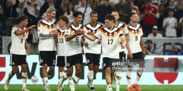 Florian Wirtz (Germany. 3vr) celebrates his goal to make it 2-0 with his teammates. Photo: Christian Charisius/dpa - IMPORTANT NOTICE: In accordance with the regulations of the Bundesliga and the German Football Association (Photo by Christian Charisius/picture alliance via Getty Images)