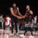 Karl-Anthony Towns #32, and Jalen Brunson #11 of the New York Knicks high five during the game against the Detroit Pistons (Photo by Nathaniel S. Butler/NBAE via Getty Images)
