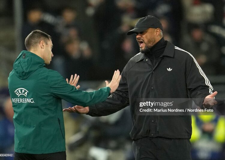Vincent Kompany, Manager of FC Bayern Munich, reacts during the UEFA Champions League 2026/27 League Phase MD2 match between Viking FK and FC Bayern München (Photo by Marius Nordnes / Nordnes Foto/Getty Images)