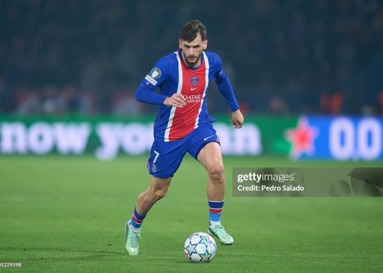 Khvicha Kvaratskhelia of Paris Saint-Germain with the ball during the UEFA Champions League 2026/27 League Phase MD3 match between Paris Saint-Germain and FC Barcelona (Photo by Pedro Salado/Getty Images)