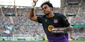 Lamine Yamal right winger of Barcelona and Spain celebrates after scoring his sides first goal during the LaLiga EA Sports 2026/27 match between Real Betis Balompie and FC Barcelona (Photo by Jose Breton/Pics Action/NurPhoto via Getty Images)