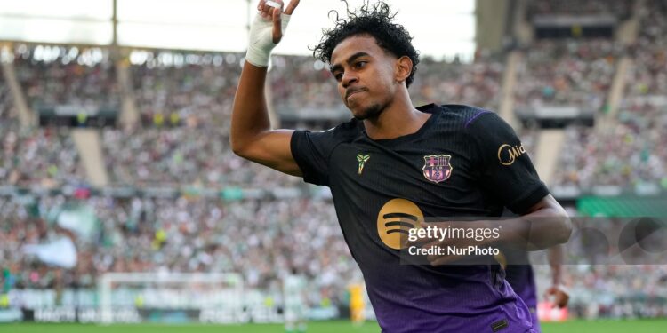 Lamine Yamal right winger of Barcelona and Spain celebrates after scoring his sides first goal during the LaLiga EA Sports 2026/27 match between Real Betis Balompie and FC Barcelona (Photo by Jose Breton/Pics Action/NurPhoto via Getty Images)