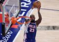 LeBron James #23 of the Philadelphia 76ers dunks the ball during the third quarter of the game against the New York Knicks (Photo by Caleb Bowlin/Getty Images)