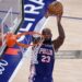 LeBron James #23 of the Philadelphia 76ers dunks the ball during the third quarter of the game against the New York Knicks (Photo by Caleb Bowlin/Getty Images)