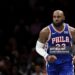 LeBron James #23 of the Philadelphia 76ers looks on during the first quarter of a preseason game against the Brooklyn Nets (Photo by Ishika Samant/Getty Images)