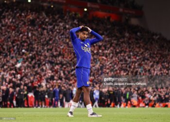 Wesley Fofana of Chelsea reacts after missing the crucial penalty in the shoot out during the Carabao Cup Fourth Round match between Liverpool and Chelsea (Photo by Jacques Feeney/Offside/Offside via Getty Images)