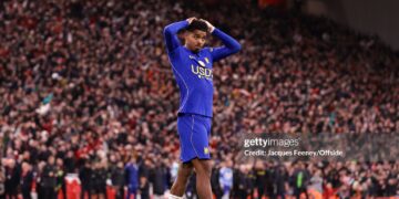 Wesley Fofana of Chelsea reacts after missing the crucial penalty in the shoot out during the Carabao Cup Fourth Round match between Liverpool and Chelsea (Photo by Jacques Feeney/Offside/Offside via Getty Images)