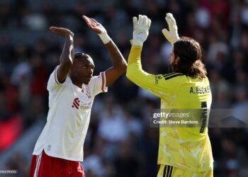 Jeremy Jacquet and Alisson Becker of Liverpool celebrate after the Premier League 2026/27 match between AFC Bournemouth and Liverpool FC (Photo by Steve Bardens/Getty Images)