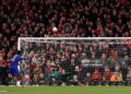 Wesley Fofana of Chelsea misses a penalty during the shootout during the Carabao Cup Fourth Round match between Liverpool and Chelsea (Photo by Carl Recine/Getty Images)