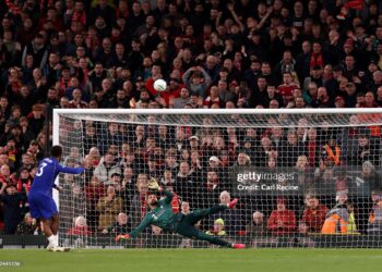 Wesley Fofana of Chelsea misses a penalty during the shootout during the Carabao Cup Fourth Round match between Liverpool and Chelsea (Photo by Carl Recine/Getty Images)