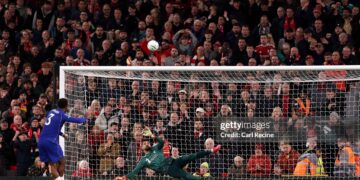 Wesley Fofana of Chelsea misses a penalty during the shootout during the Carabao Cup Fourth Round match between Liverpool and Chelsea (Photo by Carl Recine/Getty Images)