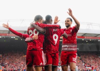 Alexander Isak, Bradley Barcola and Cody Gakpo of Liverpool during the Premier League 2026/27 match between Liverpool FC and Brighton & Hove Albion (Photo by Liverpool FC/Liverpool FC via Getty Images)