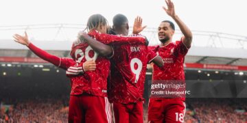 Alexander Isak, Bradley Barcola and Cody Gakpo of Liverpool during the Premier League 2026/27 match between Liverpool FC and Brighton & Hove Albion (Photo by Liverpool FC/Liverpool FC via Getty Images)
