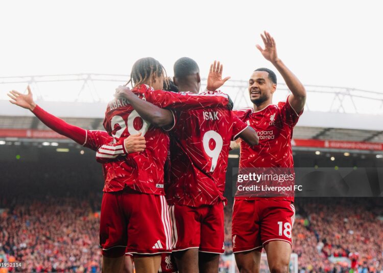 Alexander Isak, Bradley Barcola and Cody Gakpo of Liverpool during the Premier League 2026/27 match between Liverpool FC and Brighton & Hove Albion (Photo by Liverpool FC/Liverpool FC via Getty Images)