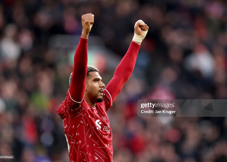 Ronald Araujo of Liverpool celebrates after the Premier League 2026/27 match between Liverpool FC and Brighton & Hove Albion at Anfield on October 25, 2026 in Liverpool, England. (Photo by Jan Kruger/Getty Images)