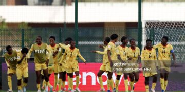 Players of Ghana celebrate after Cynthia Obinsrewuo (obscured) scores her team’s first goal during the FIFA U17 Women's World Cup Round of 16 match between Argentina and Ghana (Photo by Judit Cartiel - FIFA/FIFA via Getty Images)