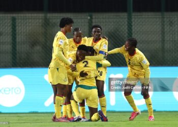 Rafia Osman of Ghana celebrates with her teammates after scoring her team’s first goal during the FIFA U17 Women's World Cup Group C match between Ghana and Brazil (Photo by Judit Cartiel - FIFA/FIFA via Getty Images)