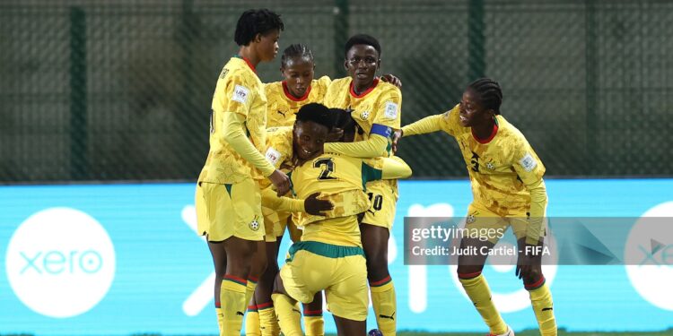 Rafia Osman of Ghana celebrates with her teammates after scoring her team’s first goal during the FIFA U17 Women's World Cup Group C match between Ghana and Brazil (Photo by Judit Cartiel - FIFA/FIFA via Getty Images)