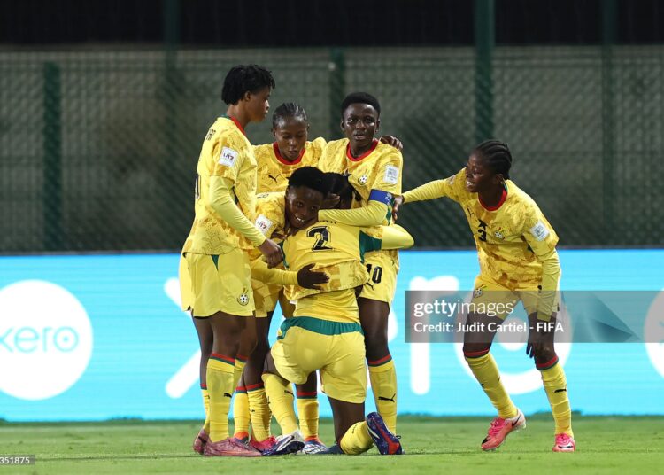 Rafia Osman of Ghana celebrates with her teammates after scoring her team’s first goal during the FIFA U17 Women's World Cup Group C match between Ghana and Brazil (Photo by Judit Cartiel - FIFA/FIFA via Getty Images)