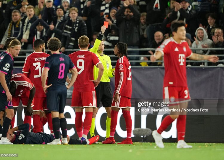 Michael Olise of FC Bayern Munich receives a red card during the UEFA Champions League 2026/27 League Phase MD2 match between Viking FK and FC Bayern München (Photo by Marius Nordnes / Nordnes Foto/Getty Images)