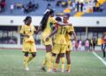 Black Queens celebrate goal against Mauritius Photo Courtesy: GFA