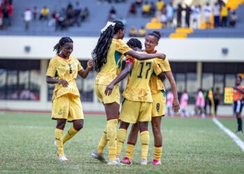 Black Queens celebrate goal against Mauritius Photo Courtesy: GFA