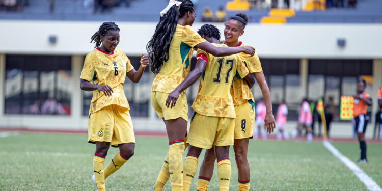 Black Queens celebrate goal against Mauritius Photo Courtesy: GFA