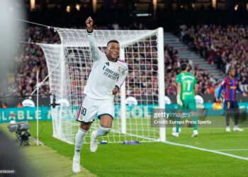 Kylian Mbappe of Real Madrid CF celebrates after scoring his team's first goal during the Spanish League, LaLiga EA Sports, football match between FC Barcelona and Real Madrid CF (Photo By Dennis Agyeman/Europa Press via Getty Images)