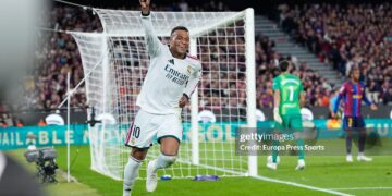 Kylian Mbappe of Real Madrid CF celebrates after scoring his team's first goal during the Spanish League, LaLiga EA Sports, football match between FC Barcelona and Real Madrid CF (Photo By Dennis Agyeman/Europa Press via Getty Images)