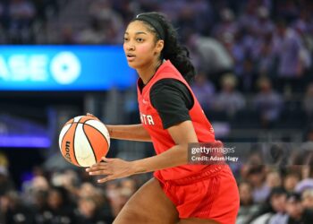 Angel Reese #5 of the Atlanta Dream dribbles the ball during the game against the Golden State Valkyries during Game Two of the 2026 WNBA Finals (Photo by Adam Hagy/NBAE via Getty Images)
