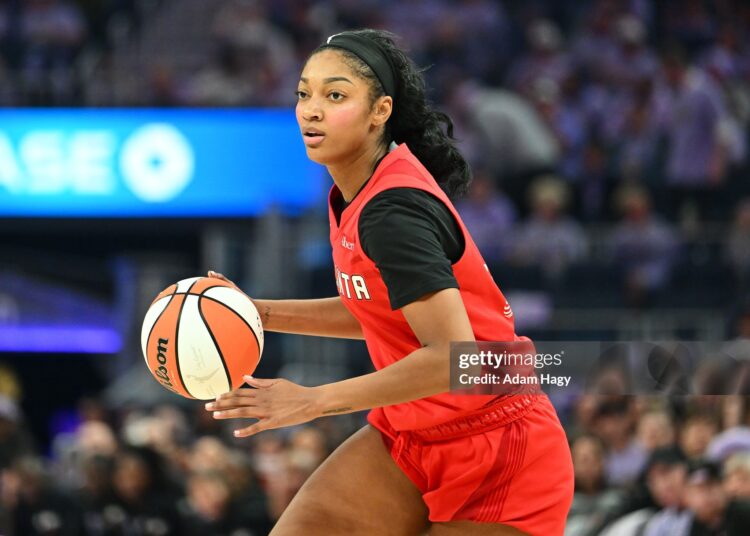 Angel Reese #5 of the Atlanta Dream dribbles the ball during the game against the Golden State Valkyries during Game Two of the 2026 WNBA Finals (Photo by Adam Hagy/NBAE via Getty Images)