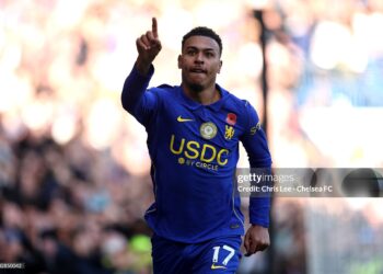 Morgan Rogers of Chelsea celebrates scoring his team’s first goal during the Premier League 2026/27 match between Chelsea FC and Manchester United (Photo by Chris Lee - Chelsea FC/Chelsea FC via Getty Images)