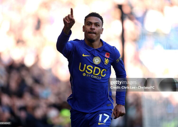 Morgan Rogers of Chelsea celebrates scoring his team’s first goal during the Premier League 2026/27 match between Chelsea FC and Manchester United (Photo by Chris Lee - Chelsea FC/Chelsea FC via Getty Images)