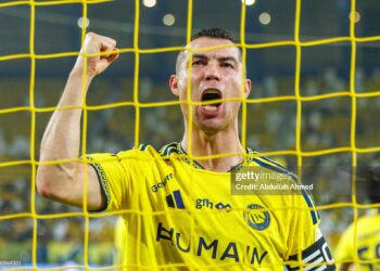 Cristiano Ronaldo of Al Nassr celebrates after the Saudi Pro League match between Al Nassr and Al Kholood at Al Awwal Park on October 29, 2026 in Riyadh, Saudi Arabia. Al Nassr defeated Al Kholood 5-3. (Photo by Abdullah Ahmed/Getty Images)
