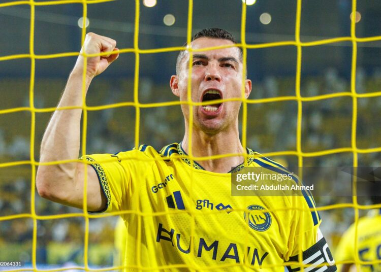 Cristiano Ronaldo of Al Nassr celebrates after the Saudi Pro League match between Al Nassr and Al Kholood at Al Awwal Park on October 29, 2026 in Riyadh, Saudi Arabia. Al Nassr defeated Al Kholood 5-3. (Photo by Abdullah Ahmed/Getty Images)