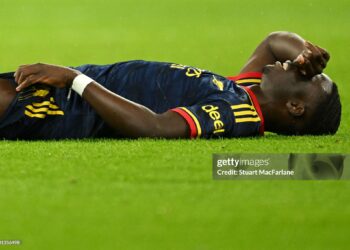 Bukayo Saka of Arsenal reacts during the UEFA Champions League 2026/27 League Phase MD3 match between FC Bayern München and Arsenal FC at Football Arena Munich (Photo by Stuart MacFarlane/Arsenal FC via Getty Images)