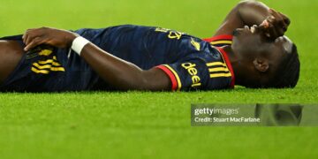 Bukayo Saka of Arsenal reacts during the UEFA Champions League 2026/27 League Phase MD3 match between FC Bayern München and Arsenal FC at Football Arena Munich (Photo by Stuart MacFarlane/Arsenal FC via Getty Images)