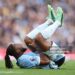 Antoine Semenyo of Manchester City holds his leg after picking up an injury during the Premier League 2026/27 match between Manchester City and Ipswich Town (Photo by Michael Steele/Getty Images)