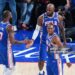 LeBron James #23 celebrates with Jaylen Brown #7 and Tyrese Maxey #0 of the Philadelphia 76ers during the fourth quarter against the Cleveland Cavaliers (Photo by Mitchell Leff/Getty Images)