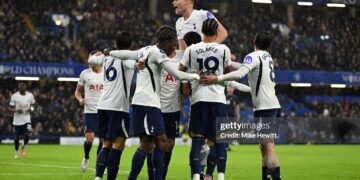 Tottenham Hotspur players celebrate after Mike Penders of Chelsea scores an own goal, the first goal for Tottenham Hotspur during the Premier League 2026/27 match between Chelsea FC and Tottenham Hotspur at Stamford Bridge (Photo by Mike Hewitt/Getty Images)