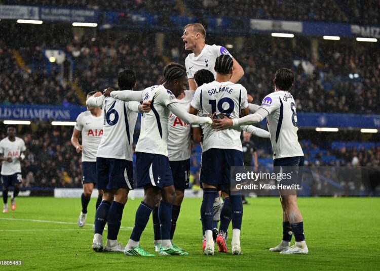 Tottenham Hotspur players celebrate after Mike Penders of Chelsea scores an own goal, the first goal for Tottenham Hotspur during the Premier League 2026/27 match between Chelsea FC and Tottenham Hotspur at Stamford Bridge (Photo by Mike Hewitt/Getty Images)