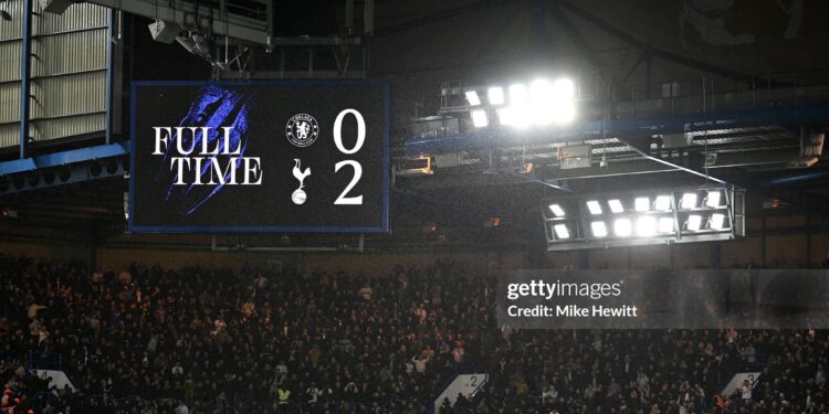 LONDON, ENGLAND - OCTOBER 24: A general view of the big screen after the Premier League 2026/27 match between Chelsea FC and Tottenham Hotspur at Stamford Bridge on October 24, 2026 in London, England. (Photo by Mike Hewitt/Getty Images)