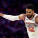 Karl-Anthony Towns #32 of the New York Knicks celebrates a basket during the first half of an Emirates NBA Cup game against the Philadelphia 76ers (Photo by Emilee Chinn/Getty Images)