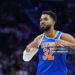 Karl-Anthony Towns #32 of the New York Knicks looks on against the Philadelphia 76ers (Photo by Mitchell Leff/Getty Images)