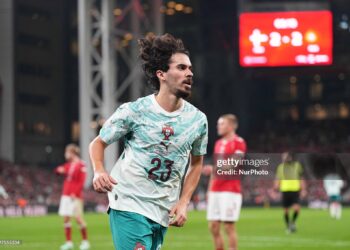 Vitinha (Portugal) scores and celebrates his teams third goal during Group Stage, UEFA Nations League, Denmark and Portugal (Photo by Ulrik Pedersen/NurPhoto via Getty Images)