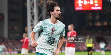 Vitinha (Portugal) scores and celebrates his teams third goal during Group Stage, UEFA Nations League, Denmark and Portugal (Photo by Ulrik Pedersen/NurPhoto via Getty Images)