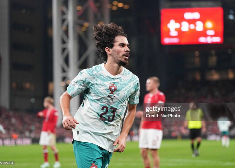 Vitinha (Portugal) scores and celebrates his teams third goal during Group Stage, UEFA Nations League, Denmark and Portugal (Photo by Ulrik Pedersen/NurPhoto via Getty Images)