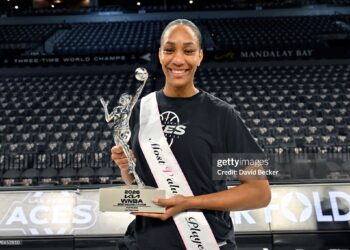 A'ja Wilson #22 of the Las Vegas Aces wins her 5th WNBA MVP award (Photo by David Becker/NBAE via Getty Images)
