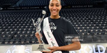 A'ja Wilson #22 of the Las Vegas Aces wins her 5th WNBA MVP award (Photo by David Becker/NBAE via Getty Images)